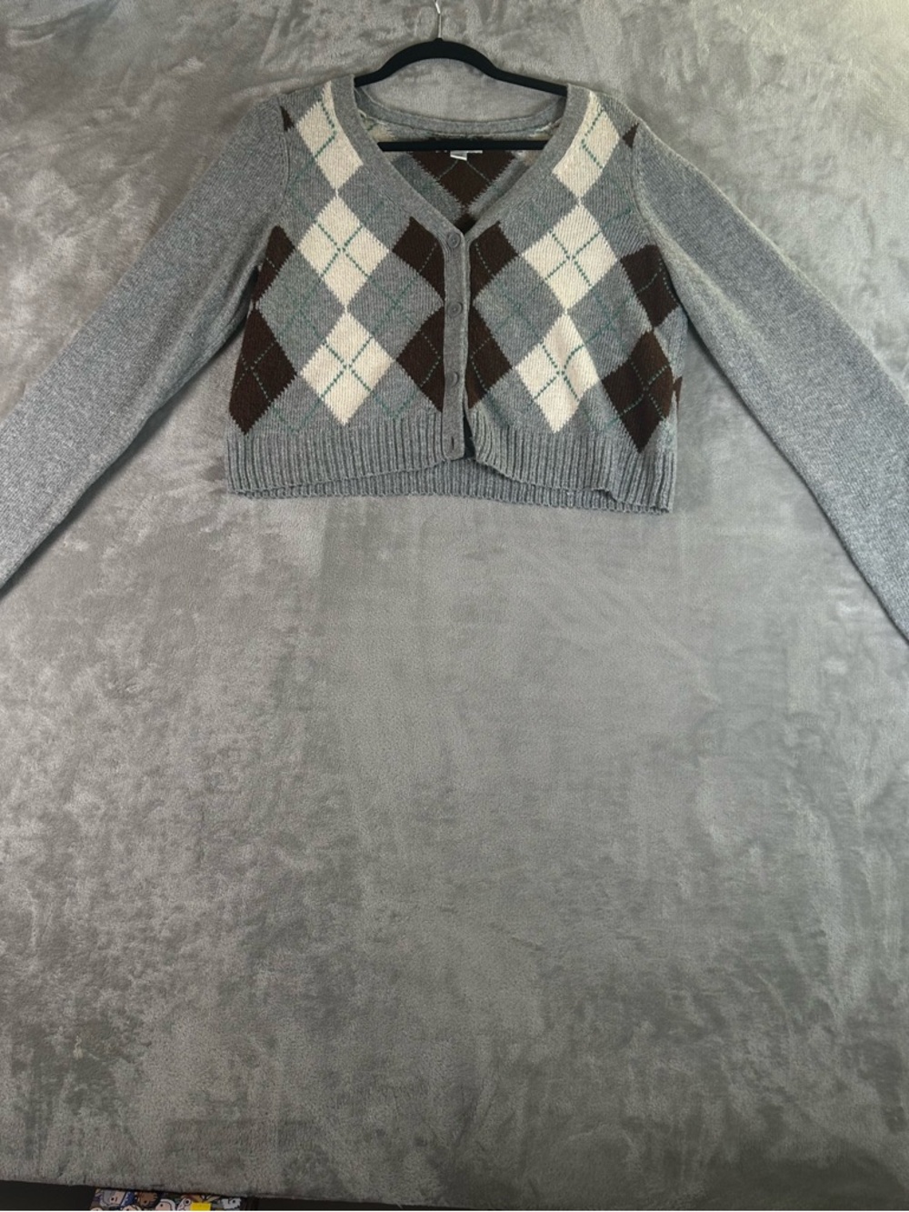 American Eagle Outfitters Cropped Argyle Button-Front Sweater - Gray/Brown/Cream - Picture 1 of 9